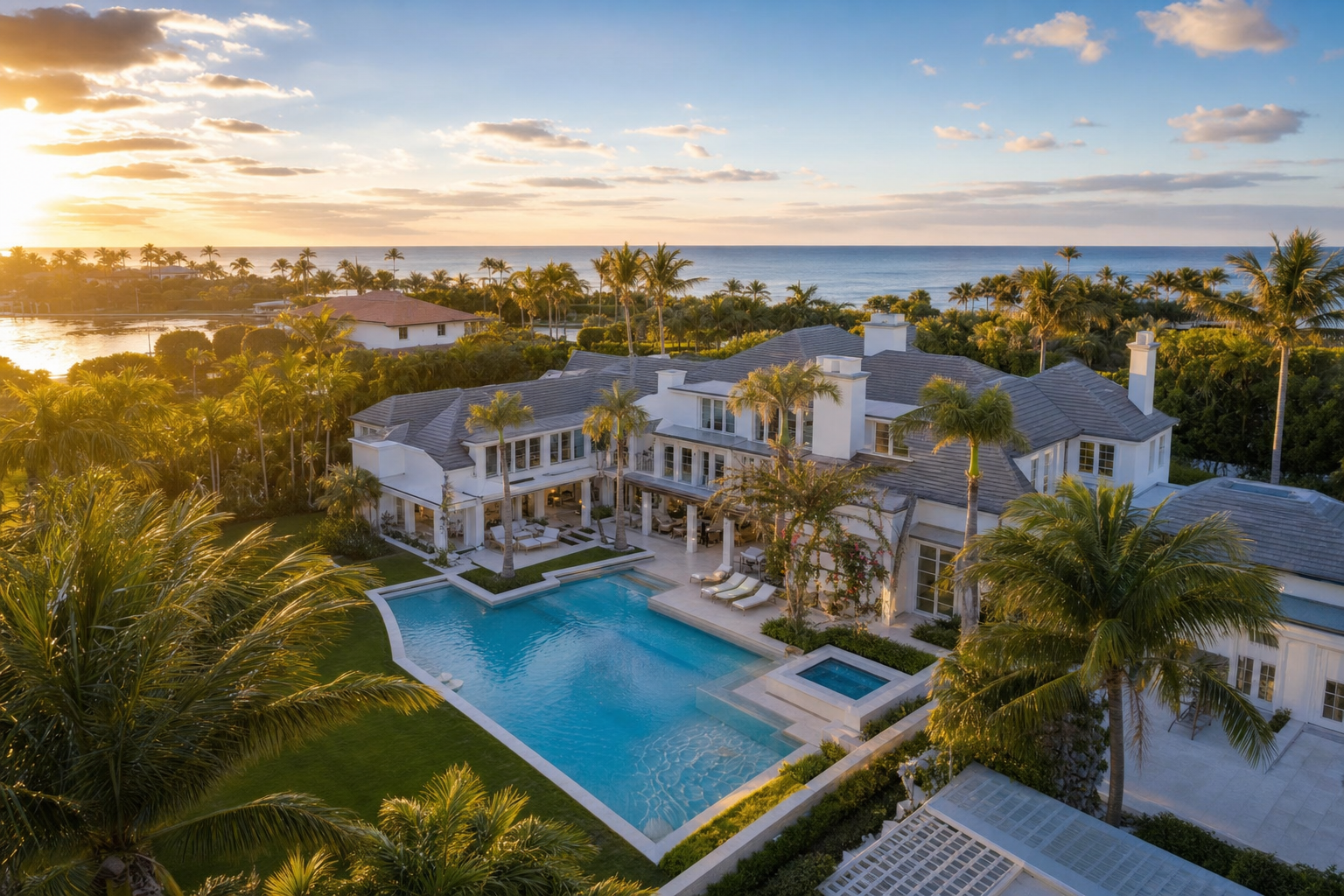 Luxurious Palm Beach County waterfront estate at golden hour